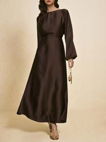 Poéselle Women's Solid Color Round Neck Lantern Sleeve Side Slit Hem Elegant Dress,Chocolate Satin Long Sleeve Maxi Dress - Elegant Side Slit Holiday Christmas Evening Gown For Women - Rust Brown - View 7