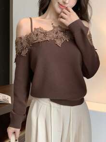 DAZY Women's Solid Color Embroidered Applique Long Sleeve Sweater - Brown - View 5