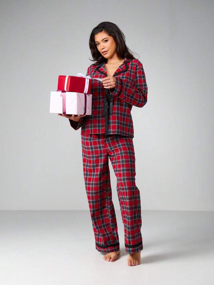 MISSGUIDED Set pigiama a quadri in flanella con bottoni, top a maniche lunghe abbinato a pantaloni lunghi, comodo set da notte e relax per le vacanze