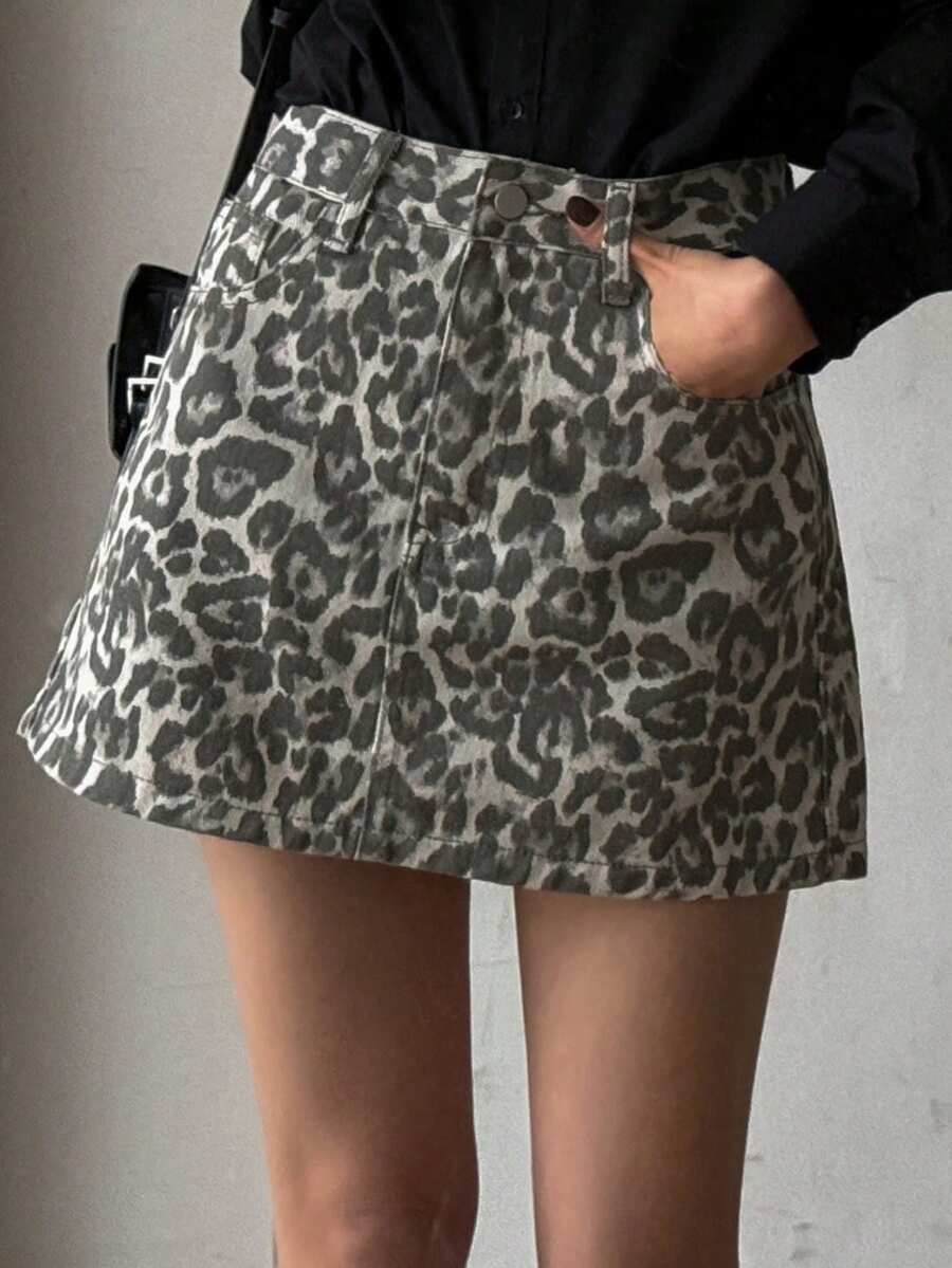 DAZY Women's Leopard Print Denim A-Line Skirt, Minimalist & Fashion For Casual Daily Wear Jeans Skirt - Brown - View 1