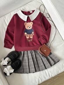 Playful Pals Completo bambina casual 2 in 1 con camicia a collo, pannello frontale, stampa carina, polsini a costine, felpa con vita elastica e gonna plissettata a quadri vintage, autunno/inverno