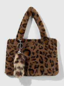 ROMWE Goth 2件套Y2K时尚个性甜美酷炫复古高品质毛绒仿皮草豹纹虎纹动物印花磁扣手提包/单肩包 + 毛绒蓬松仿动物尾巴钥匙扣配饰套装，适合女性日常穿搭，节日礼物 - 多色-1 - 查看 5