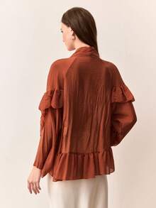 EMERY ROSE Peach V-Neck Tie Front Double Ruffle Hem Blouse, Sweet Romantic Vibrant Design, Suitable For Daily Wear And Shopping - Coffee Brown - View 3