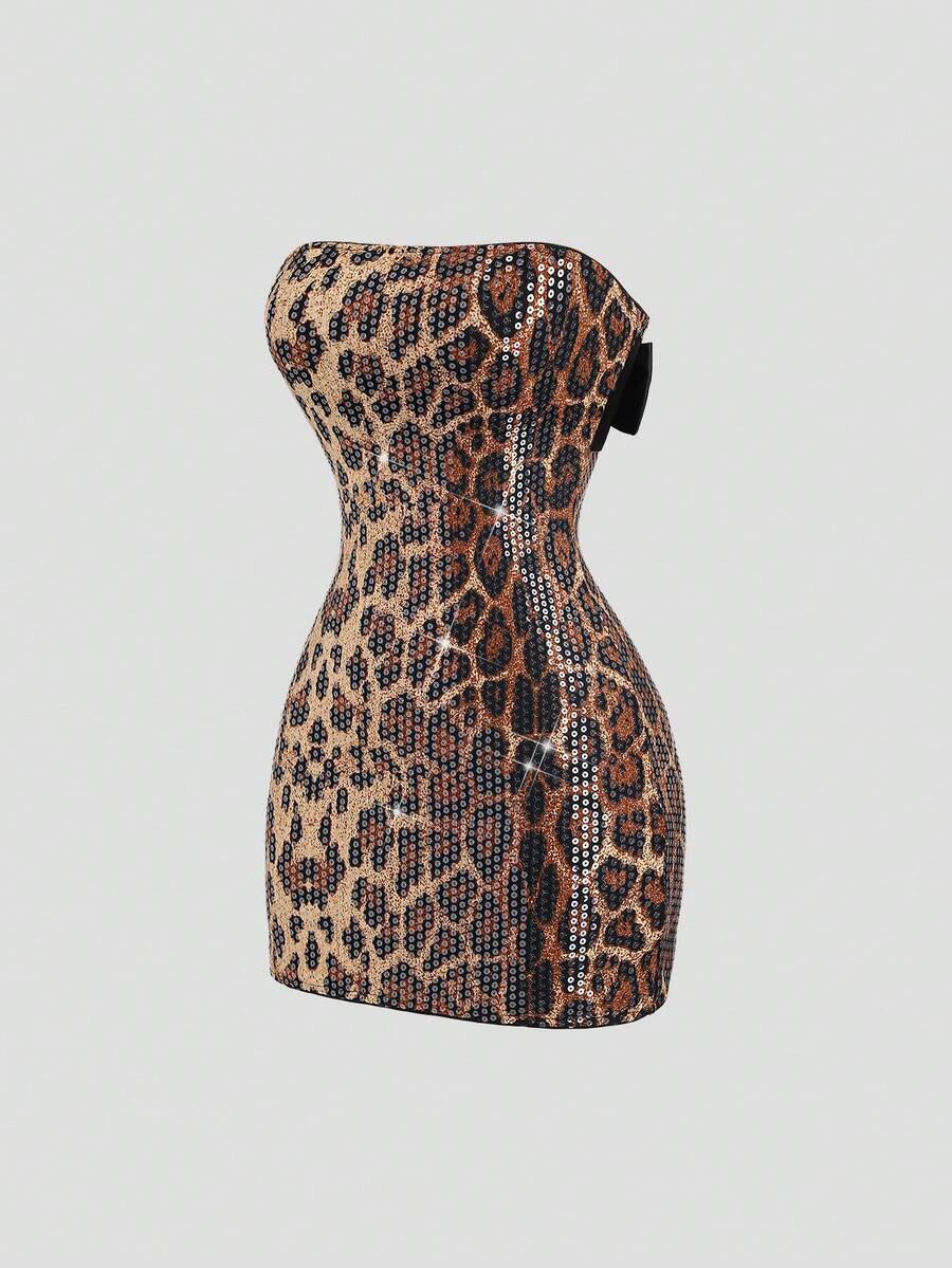 Sweetra 秋冬新款女士复古性感修身豹纹亮片吊带蝴蝶结紧身派对/约会连衣裙 - 棕色 - 查看 1