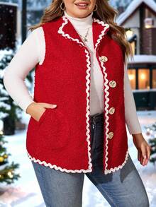 Enliva Chaleco rojo de talla grande para mujer para otoño/invierno, chaqueta con detalles de bolsillo de color contrastante, para silueta redondeada tipo manzana - Rojo - Ver 8