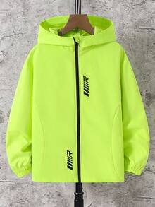 SHEIN Tween Boys' Casual Everyday Versatile Comfortable Letter Graphic Hoodie Lightweight Loose Fit Long Sleeve Jacket