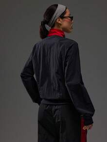 Dewbera Dewbera Contrast Color Stand Collar Zip-Up Casual Sporty Jacket,Long Sleeve Cropped Workout Sportswear Women Gym Clothes,Red And Black,Autumn,Athleisure,Gym - Navy Blue - View 2