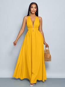SOLERSUN 女士纯色露背吊带V领度假沙滩交叉系带露背长裙度假沙滩装 - 黃色 - 查看 6