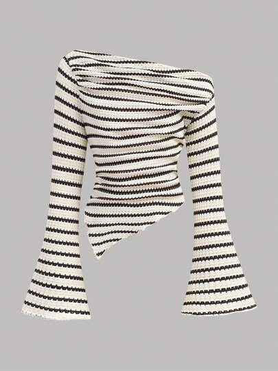 SHEIN Girlism Tween Girls Asymmetric Shoulder Striped Knit Top, Casual Fashion Matching Family Outfits