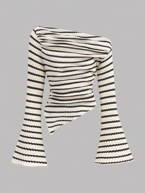 SHEIN Girlism Tween Girls Asymmetric Shoulder Striped Knit Top, Casual Fashion Matching Family Outfits