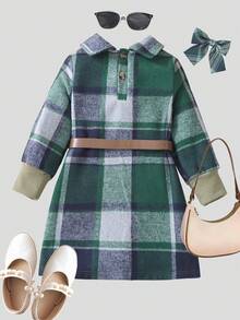 SHEIN Elladie kids 女童撞色格纹长袖口袋休闲连衣裙 - 橄欖綠 - 查看 2