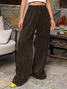 Livesso 女士休闲宽松直筒裤，棕色，格子条纹图案，商务休闲风，适合通勤，秋冬季穿着 - 棕色 - 查看 2