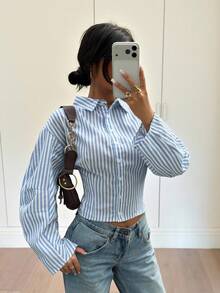 Siren Gaze 女士蓝白条纹宽松衬衫，秋冬款 - 藍白色 - 查看 1