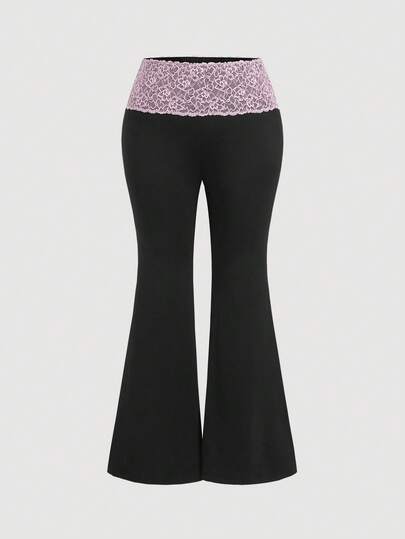 SHEIN MOD Black Lace & Contrast Color Splice Slim Fit Long Flare Pants, Versatile Style