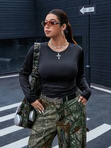 SHEIN EZwear 秋季大码纯色休闲长袖T恤 - 黑色 - 查看 4