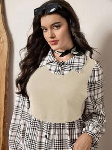 SHEIN LUNE Vêtements pour femmes grande taille, Top décontracté à manches longues à carreaux avec effet superposé, tenue décontractée pour femme, idéal pour les vacances - Beige - Voir 5