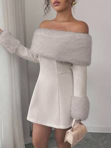 Elenzga 女士优雅狐狸图案露肩收腰长袖连衣裙，秋冬款 - 米色 - 查看 6