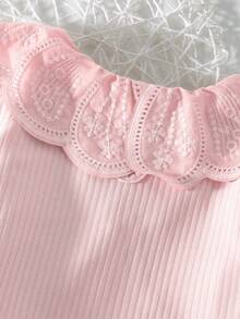 Elladie kids Áo thun tay dài vải gân cho bé gái có cổ viền ren, thoải mái, thời trang thanh lịch, phù hợp cho mùa xuân, thu, đông - Màu Hồng baby - Xem 4