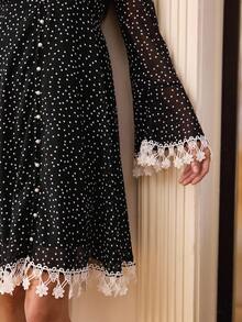 SHEIN Unity Romantic Elegant Versatile V-Neck Waist Design Lace Trim Puff Sleeve Polka Dot Print Chiffon Long Sleeve Dress, Autumn - Black and White - View 7