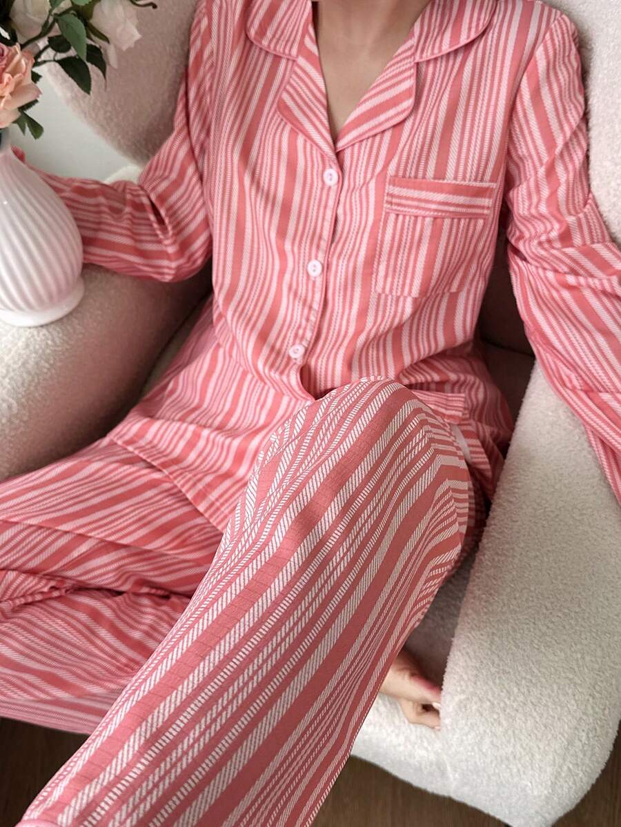 SHEIN Women's Turndown Collar Striped Print Loose Long Sleeve Pajama Set Striped Pajama Set Striped Pjs - Multicolor - View 1