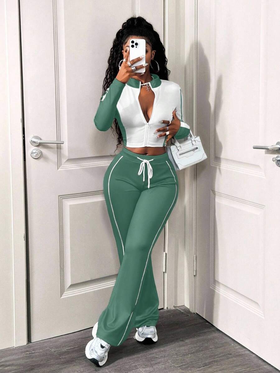SHEIN BamGlam 女式休闲两件套，拼色设计，长袖拉链夹克和抽绳裤，秋季 - 綠色 - 查看 1