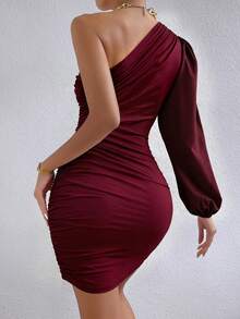 Firerie 女士纯色褶皱灯笼袖修身迷你连衣裙 - 酒紅色 - 查看 2