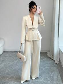 Elenzga Bộ vest nữ thu đông mới, tối giản, đa năng, thanh lịch, cao cấp gồm áo blazer cổ bẻ, trang trí kim loại, thắt eo và quần ống rộng. - Màu be - Xem 7