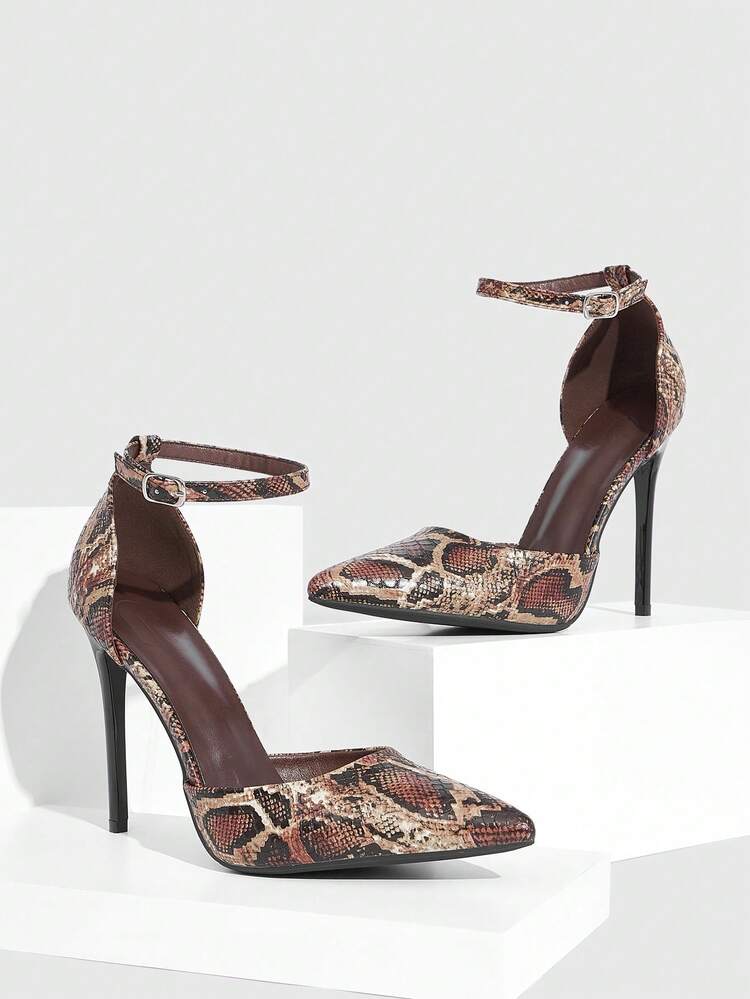 CUCCOO SZL Women's Brown Snake Print Pointed Toe Stiletto High Heel Sexy Party Ankle Strap Hollow Out Pumps For Christmas