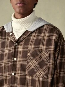 SWAVVY 男士格子连帽休闲长袖衬衫 - 卡其色 - 查看 5