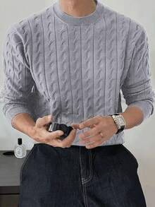 Manfinity Homme 男士休闲日常通勤简约纯色绞花针织毛衣，秋冬款 - 淺灰色 - 查看 4