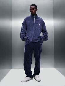 PLAYBOY X SUMWON Premium Velour Half Zip Pullover Sweatshirt Boxy Fit Long Sleeve Crew Neck Casual Comfort Top Winter Fall - Blue - View 3