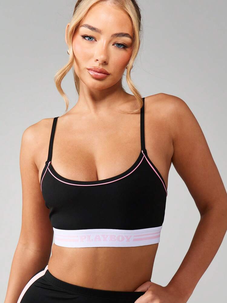 Missguided x Playboy Scoop Neck Athletic Sports Bra With Adjustable Straps And Band Detail For Training And Exercise