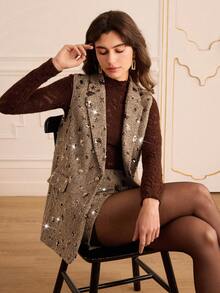 Lilora Women's Lapel NeckSequin Decor Casual Sleeveless Blazer Winter For Women Elegant Sequined Vest Blazer For Women Party New Year Tweed Dresses For Women Elegant And Fashionable