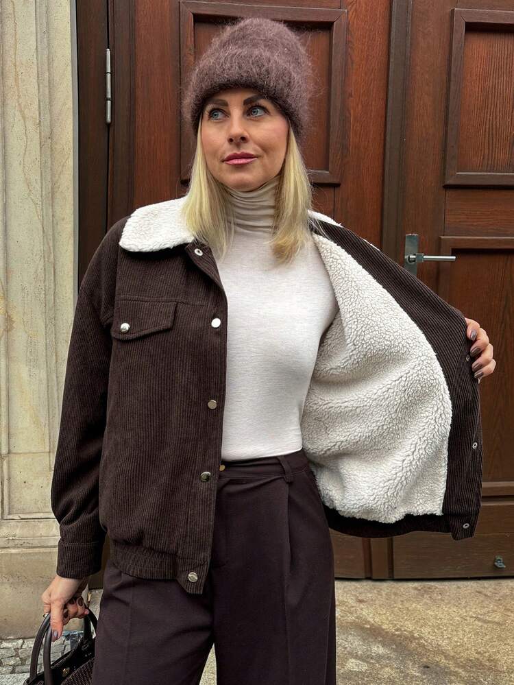 Women's Loose Fit Sherpa Fleece Regular Jacket Women Coats