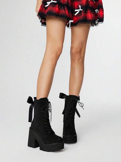 Women's Thick Sole Chunky Heel Lace-Up Mid-Calf Boots, Sexy Black Bowknot Decor High Platform Party Shoes, Gothic Punk Style Ankle Boots