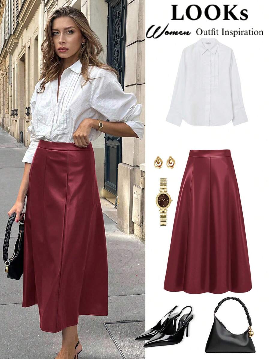 Vionelle Plus Size Women's Elegant Solid Color High-Quality PU Fabric Skirt, Elastic Waist, Invisible Side Zipper, A-Line Design, Long Midi Skirt, Suitable For Concerts, Fashionable Outings, Wedding Guests, Parties, Nighttime Dates, Christmas, New Year, Birthdays, Versatile Long Skirt - Red - View 1