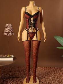 4pcs Printed Mesh Leopard Pattern Women's Sexy Underwear Set With Steel Rings ClassicAnimalPrint - Multicolor - View 3