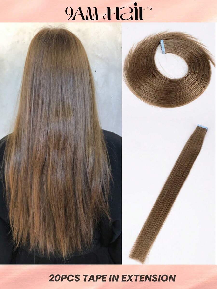 20pcs 50g Tape In Hair Extension, 100% Real Remy Human Hair Extension For Salon Silky Seamless Invisible Skin Weft Tape Ins, For Thinning Hair Woman Natural Look Can Be Reused ,For Fine Or Thin Hair ,Add Volume, 10# Medium Golden Brown Color - S10 - View 1