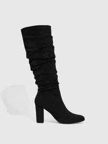 Daringsoles 女士黑色尖头褶皱时尚百搭高跟过膝长靴 - 黑色 - 查看 9