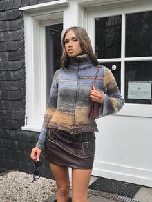 SHEIN Unity Cárdigan de punto ajustado con cremallera y manga larga de color contrastante para mujer, para otoño/invierno - Multicolor - Ver 3