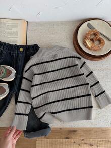 SHEIN 男童秋冬高领条纹拉链开衫毛衣，居家、上学、外出皆宜，米色和黑色 - 灰色 - 查看 2