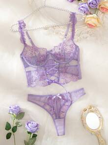 2pcs Sexy Sheer Lace Trim Lingerie Set With Straps And Ruffles