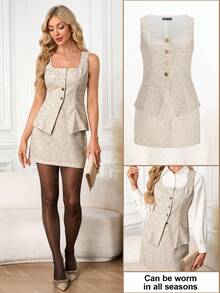 SHEIN Clasi Women's Tweed Metal Single-Breasted Vest And Bodycon Mini Skirt Elegant Set,Teacher Outfit Women - Apricot - View 1