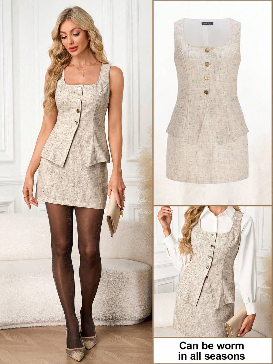 SHEIN Clasi Women's Tweed Metal Single-Breasted Vest And Bodycon Mini Skirt Elegant Set,Teacher Outfit Women - Apricot - View 1