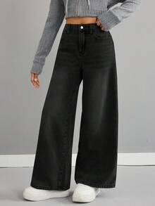 SHEIN 少女基础款浅色水洗牛仔保暖内衬宽松长裤，秋冬保暖休闲高腰阔腿牛仔裤，百搭Y2K风格，适合教师、返校、教堂等场合，商务休闲女孩，工装牛仔裤连衣裙，秋冬宽松裤，高腰长款阔腿牛仔裤，街头风，冬季牛仔裤 - 黑色 - 查看 7