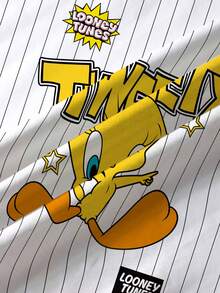 LOONEY TUNES X SHEIN Tween Girls' Casual Striped Cartoon Print Round Neck Short Sleeve T-Shirt, Summer - White - View 3