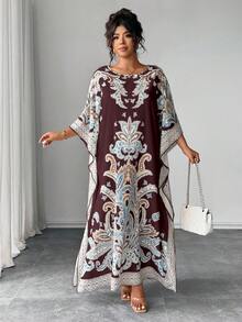 Elenzga Vestido de manga de murciélago de talla grande con cuello redondo y estampado, con ajuste holgado, adecuado para vacaciones y reuniones - Burdeos - Ver 7