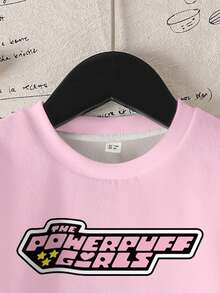 THE POWERPUFF GIRLS X SHEIN 女童休闲字母卡通图案撞色落肩宽松卫衣，秋季款 - 白色 - 查看 3