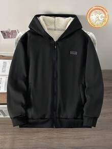 Manfinity Joysei 男士连帽保暖内衬夹克，黑色拉链针织外套，秋冬季 - 黑色 - 查看 4