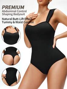 SHEIN 1 pièce Combinaison moulante minimaliste de tous les jours pour femmes, de couleur unie, galbant la taille et l'abdomen, avec un entre-jambes confortable à boutons-pression, facile à enfiler et à retirer - Noir - Voir 1